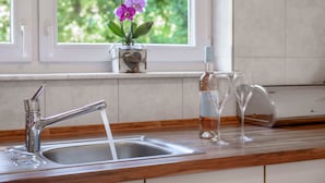 Una cocina con un lavamanos de acero inoxidable, una ventana con vistas a la vegetación y una orquídea en maceta en el alféizar.