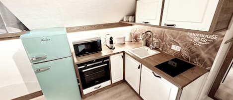 Family Studio Suite | Private kitchen | Microwave, high chair