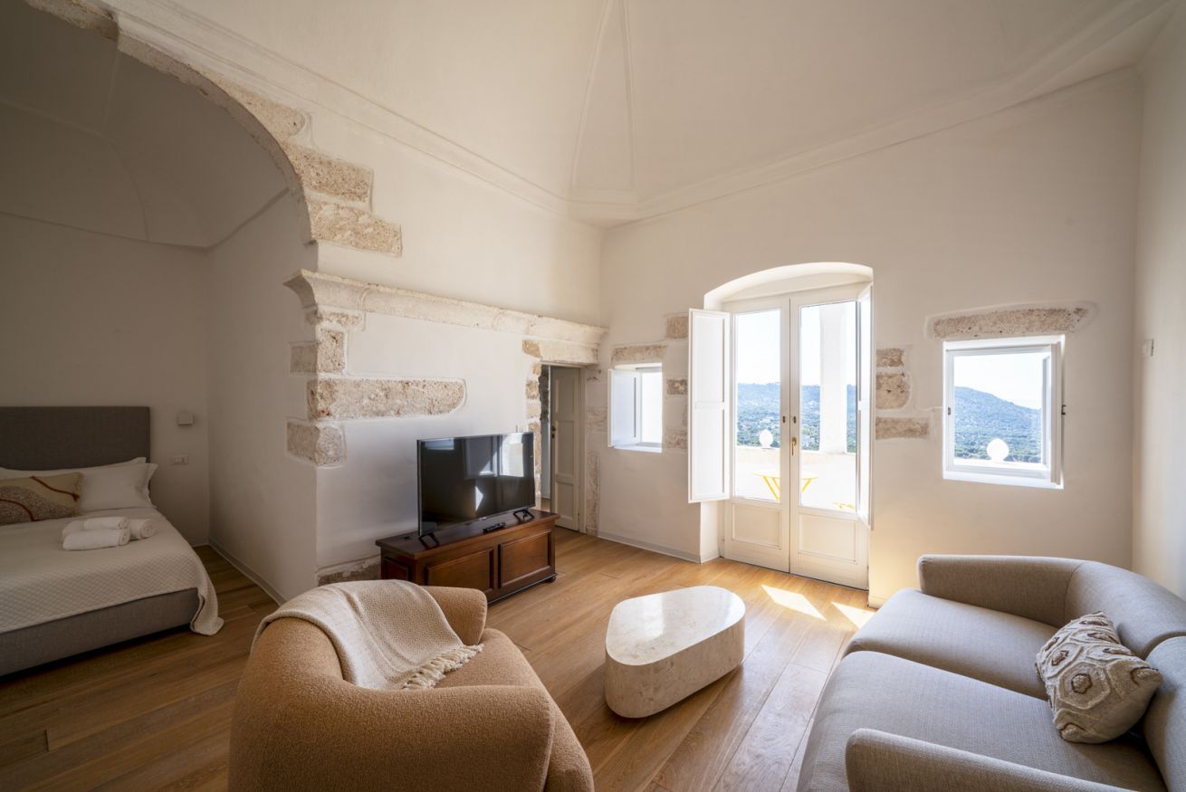 A spacious living room with a bed, sofa, TV, and a view through a glass door.