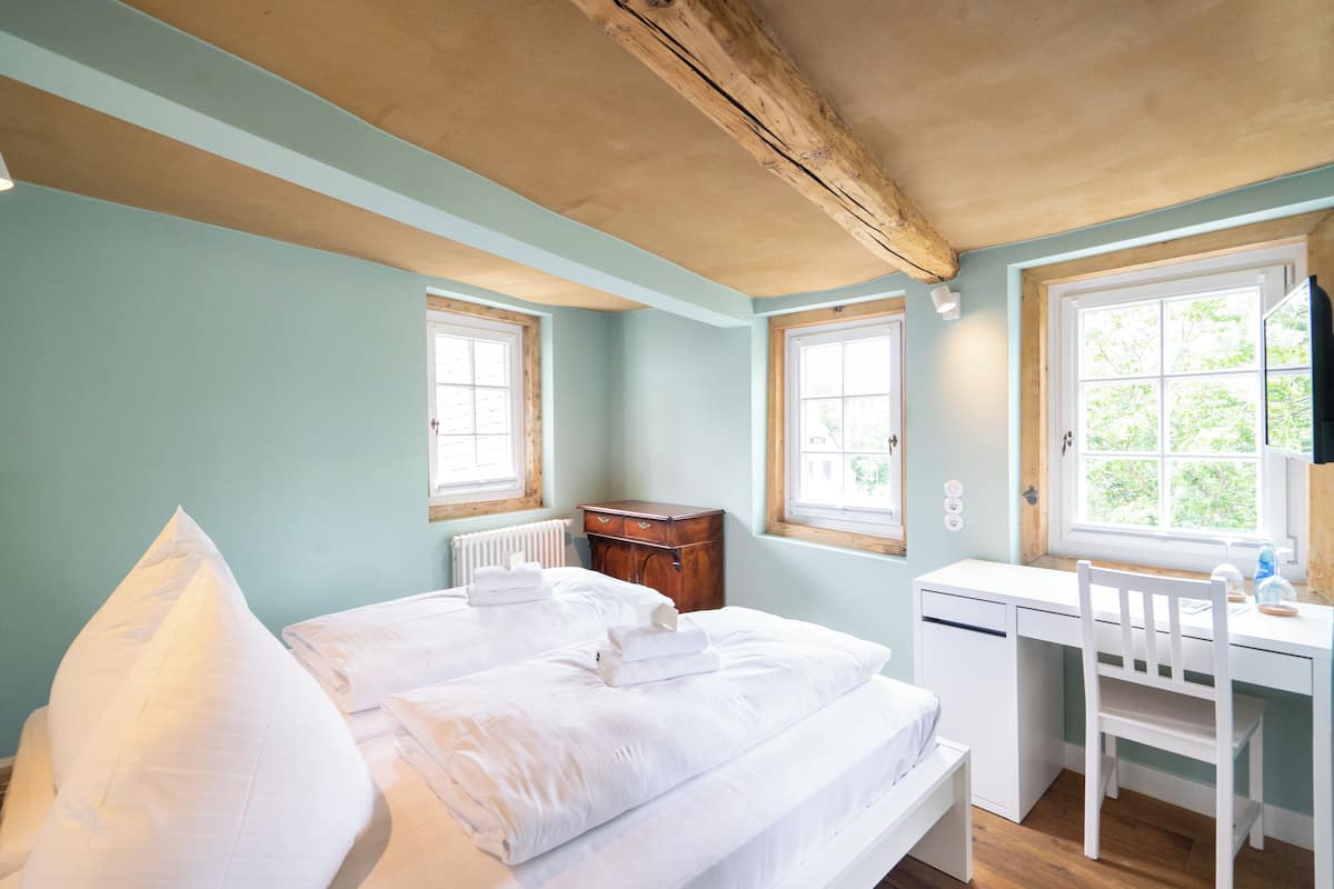 Une chambre à coucher avec un lit, un bureau et deux fenêtres.
