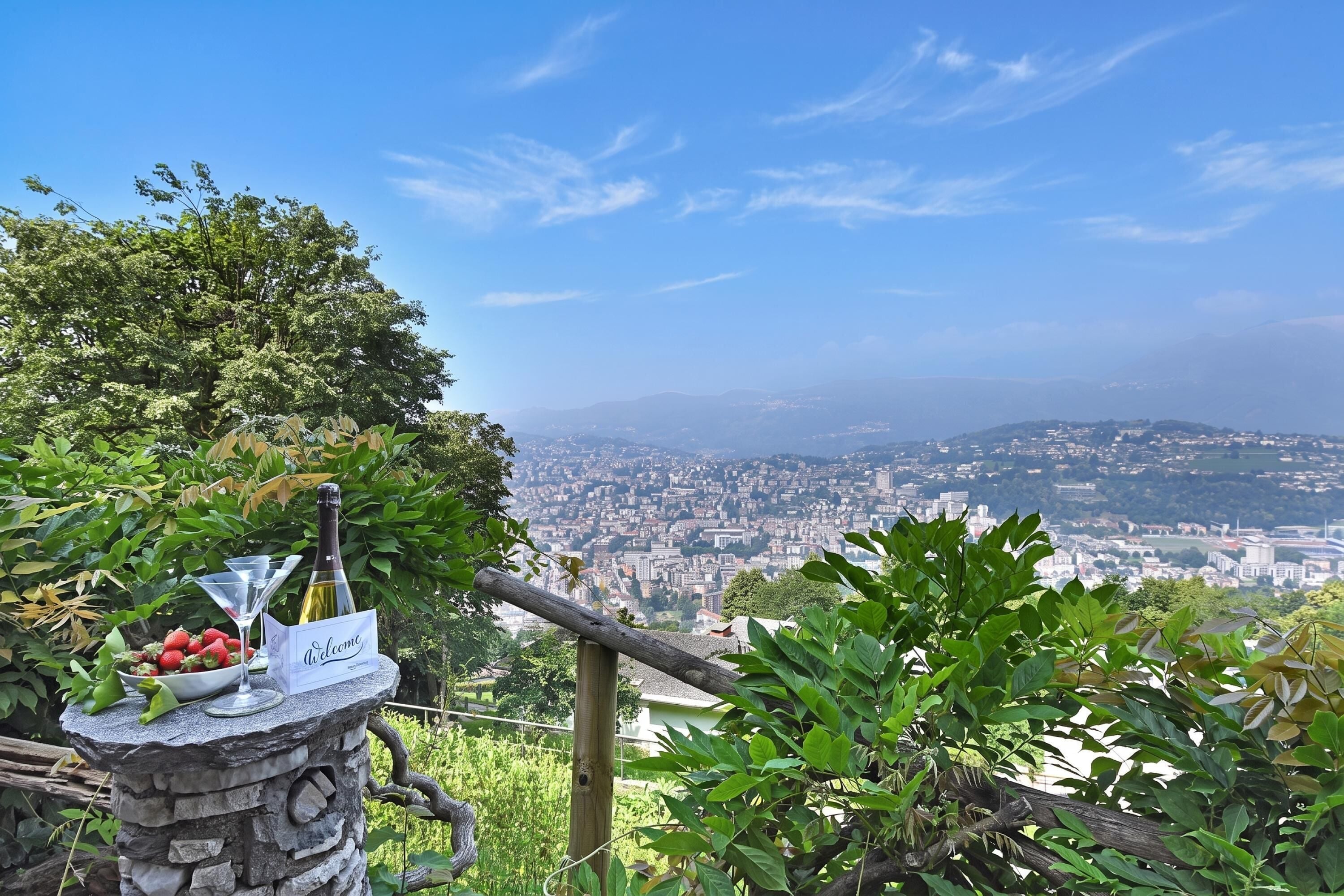 Mesa de pedra com uma garrafa e morangos, com vista para a paisagem urbana.