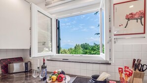 Eine Küche mit Blick auf grüne Natur und Berge durch ein Fenster.
