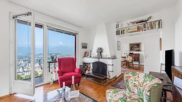 21-inch flat-screen TV with satellite channels, fireplace