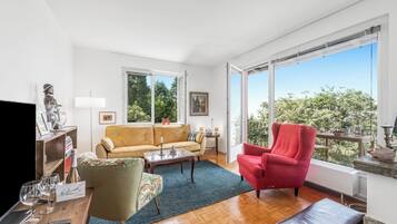 21-inch flat-screen TV with satellite channels, fireplace