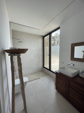 Shower, hair dryer, towels, toilet paper