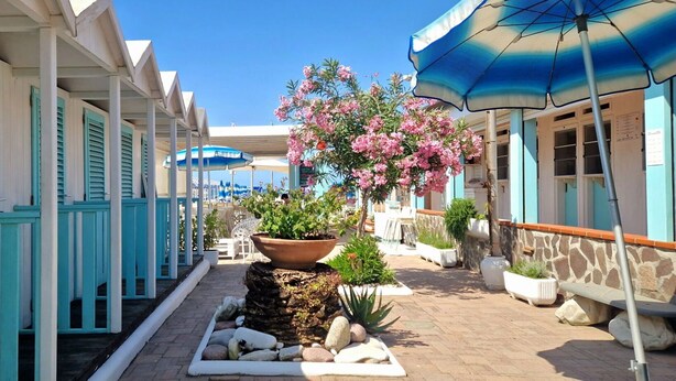 A corridor with turquoise shutters, potted plants, and outdoor seating. - Terrazza sul Mare - by BelcantoVillas (Lido Di Camaiore)