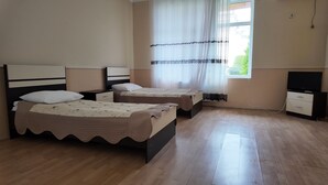 A room with two beds, a TV, and a window with curtains.
