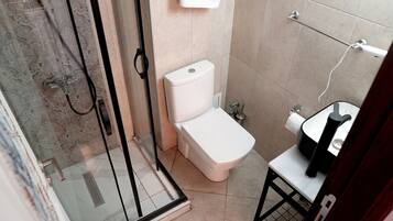 A bathroom with a toilet, a sink, and a shower area.