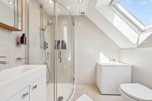 Shower, hair dryer, towels