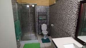 A bathroom with a shower, toilet, sink, and a mirror. - 2-bedroom apartment in lovely Sunny Acres with WiFi, AC and Fan (Choc)