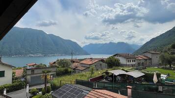 Ein Wohngebiet mit Blick auf Berge und einen See.