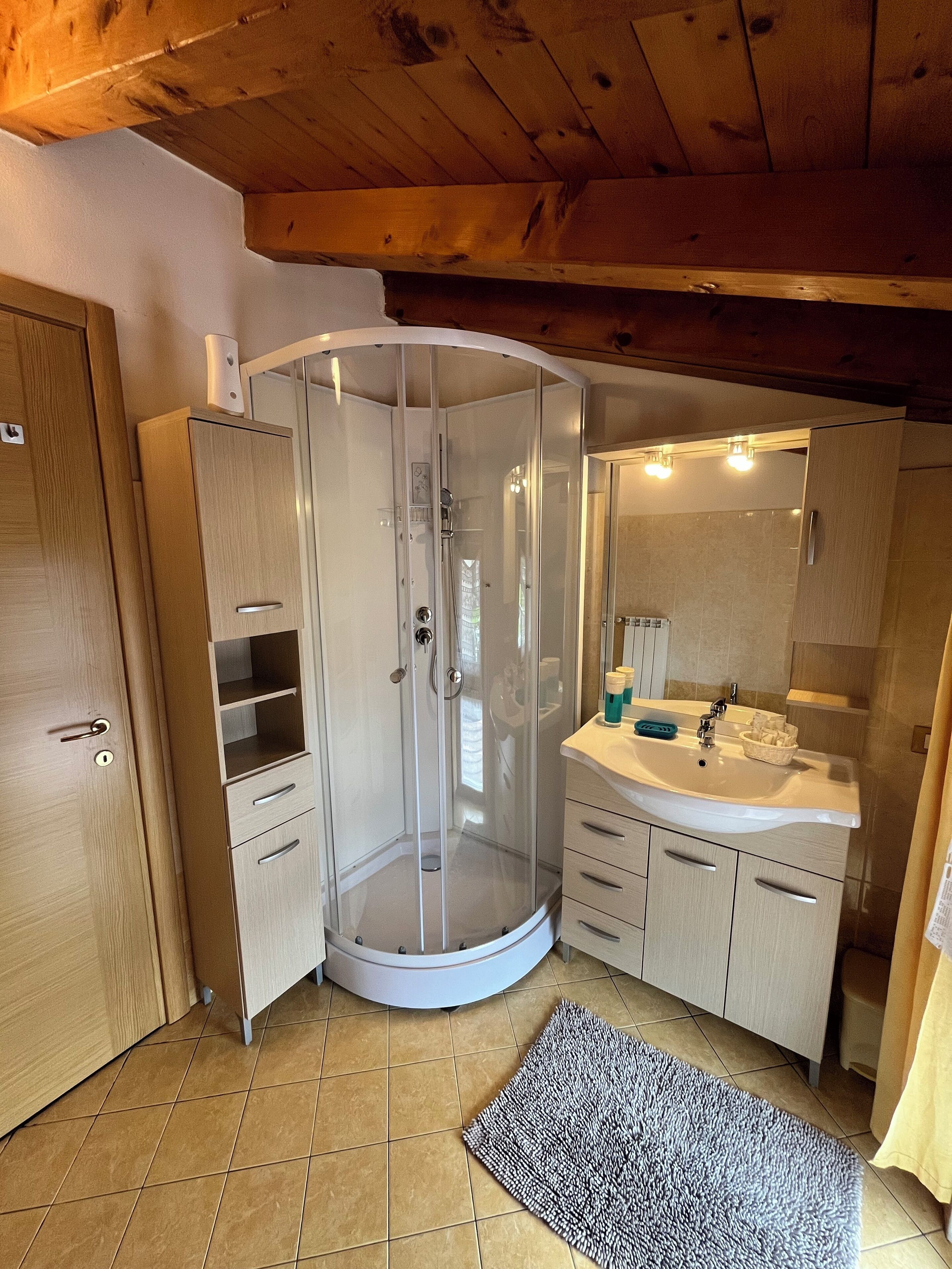 Ático, vistas al lago | Baño | Artículos de higiene personal gratuitos, secador de pelo y toallas