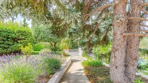A pathway flanked by lush greenery and a variety of plants, leading to a gated entrance.