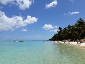 Una playa con aguas turquesas cristalinas, palmeras y barcos.