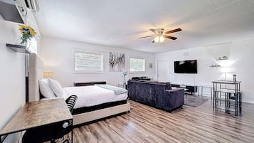 1 bedroom, desk, iron/ironing board, travel crib