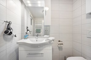 Shower, hair dryer, towels