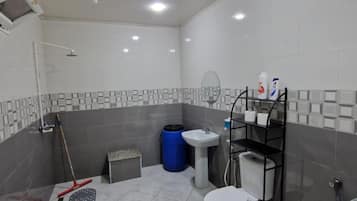Shower, towels, soap, toilet paper