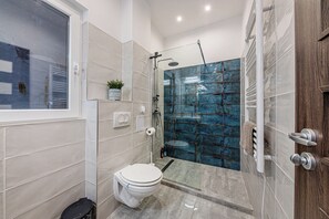 Shower, hair dryer, towels, toilet paper