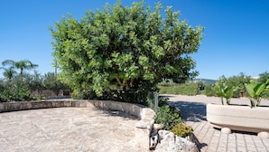 A courtyard with a large tree, a stone bench, and a planter with plants. - Apartment 'L'Aia - 1' with Shared Pool, Wi-Fi and Air Conditioning (Monopoli)