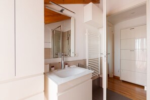 Shower, hair dryer, bidet, towels