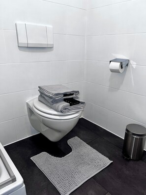 Shower, towels, soap, toilet paper
