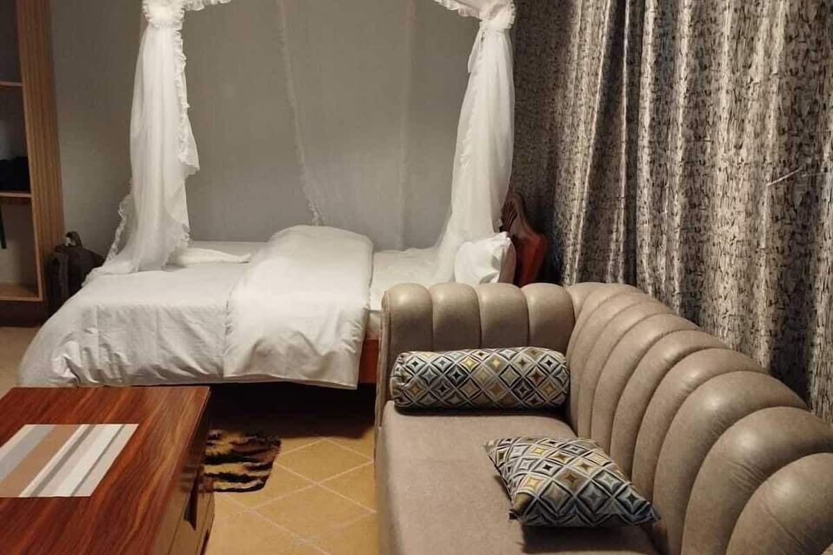 A bedroom with a bed under a canopy, a sofa with patterned cushions, and a wooden side table.
