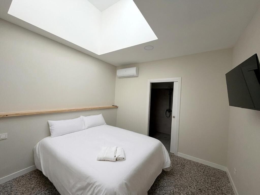 A bedroom with a skylight, a bed, a door, and a mounted TV.