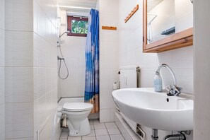 Un baño pequeño con inodoro, ducha y lavamanos.