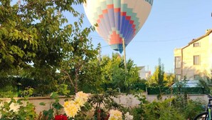 A hot air balloon with 'Deniza' written on it, a garden with roses, a fence, and a building in the background. - Full Of Life (Nevşehir)