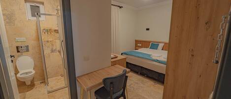Desk, laptop workspace, free WiFi, bed sheets