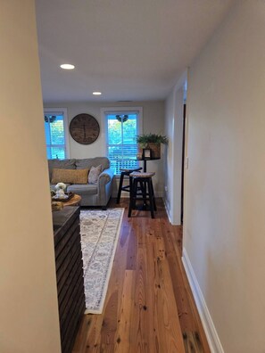 Smart TV, fireplace, books