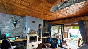 Una sala de estar acogedora con chimenea de piedra, techo de madera y un sofá cómodo.