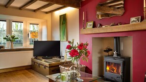 Un salon chaleureux avec un téléviseur, une table basse en verre, une cheminée et un mur rouge.
