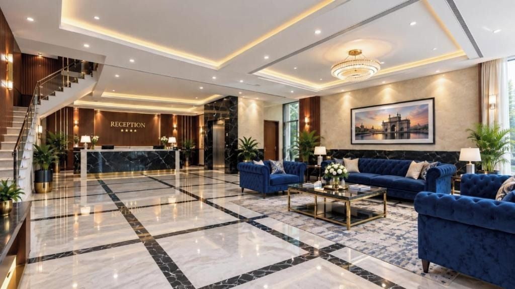 A hotel lobby with a reception desk, a staircase, a blue sofa set, and a marble floor.
