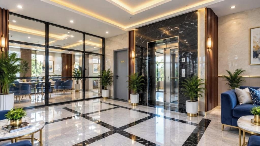 Un vestíbulo moderno con piso de mármol, zona de estar y mostrador de recepción.