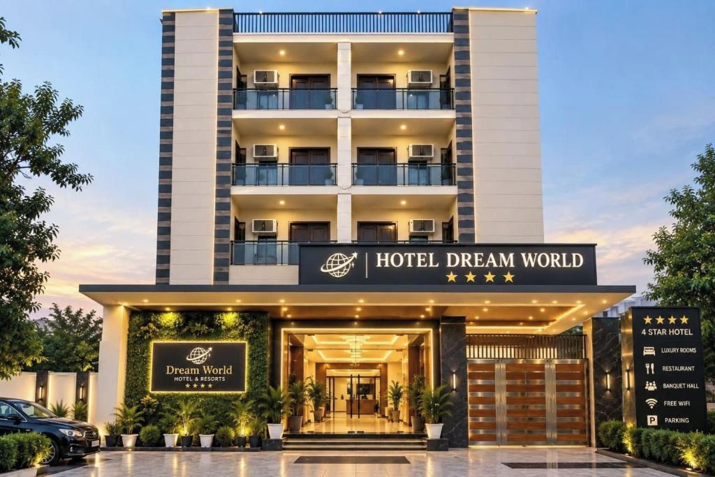 A hotel entrance with a sign indicating 4-star accommodation, luxury rooms, a restaurant, banquet hall, free WiFi, and parking.