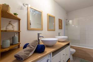 Hair dryer, towels, soap, toilet paper