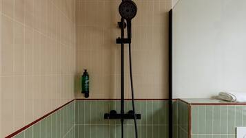 Una ducha con cabezal de ducha de mano, un grifo de pared y un dispensador de papel higiénico.