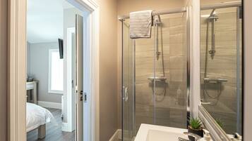Shower, towels, soap, shampoo