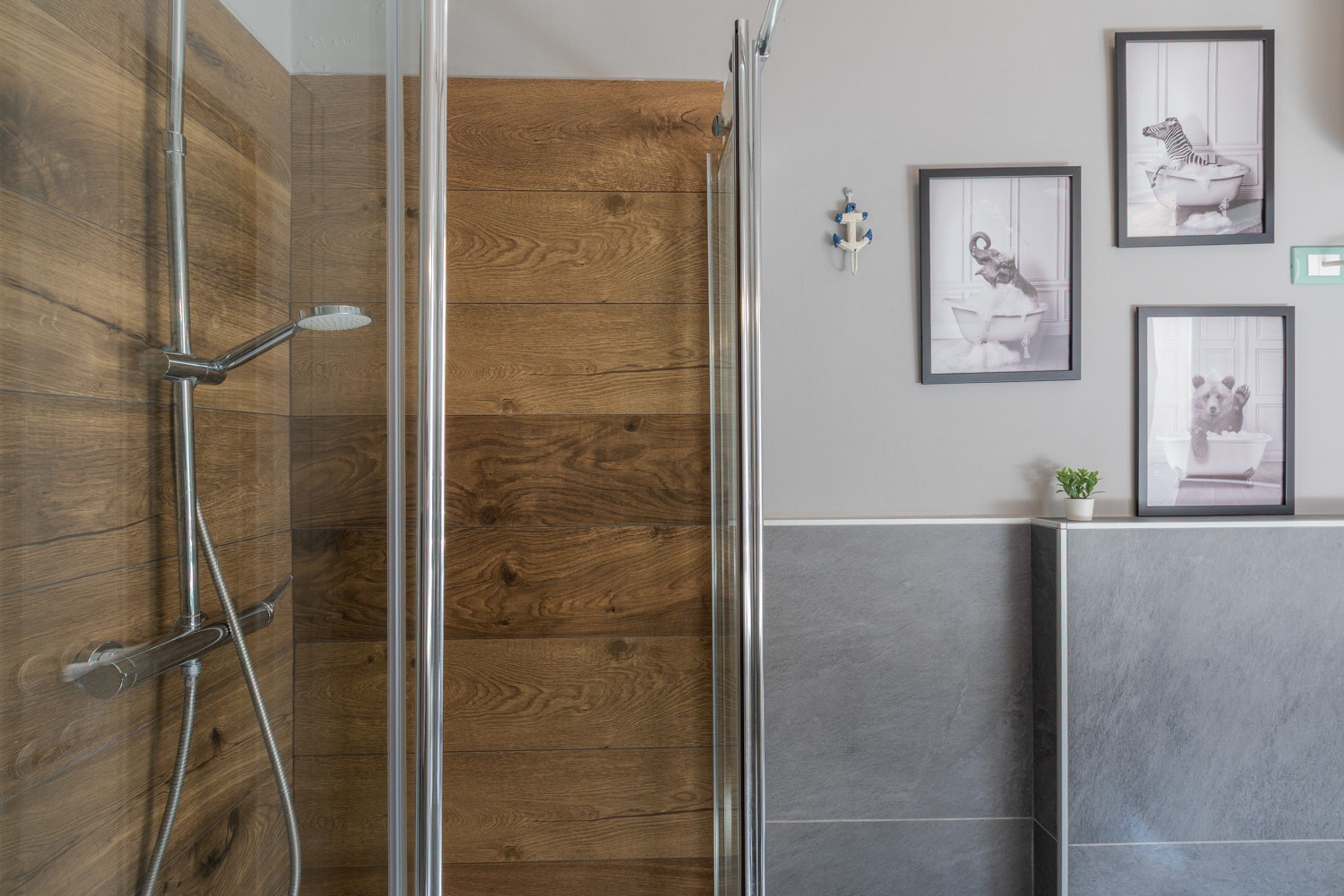 Ducha con paneles de madera y puerta de cristal, pared con azulejos y cuadros enmarcados, y una planta pequeña en la repisa.