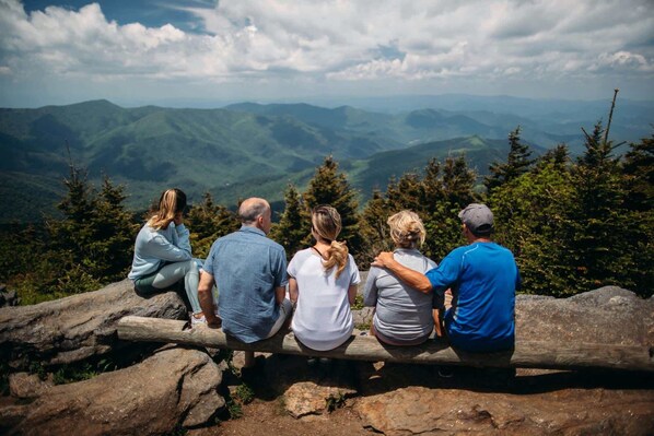 Un grupo de personas sentadas sobre un tronco con vistas a un paisaje montañoso.