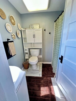 Hair dryer, towels, toilet paper