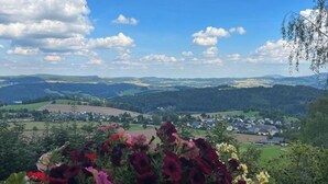 A view of a valley with a town in the distance, surrounded by greenery and a clear sky. - ErzZeit - Vacation with a vision (Schwarzenberg/Erzgebirge)