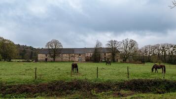 Ländliche Landschaft mit einem Steinhaus, weidenden Pferden und einem eingezäunten Feld.