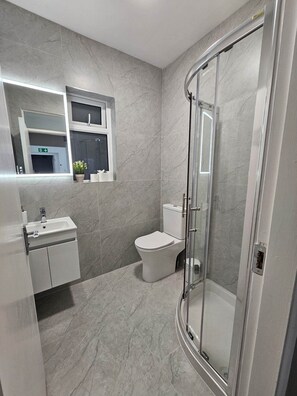Badeværelse med brusekabine i glas, toilet, håndvask med spejl og en potteplante.