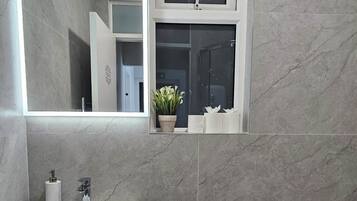 A bathroom with a white sink, a mirror, a potted plant, and a toilet.