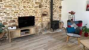 A stone wall, a TV, a fireplace, and a chair.