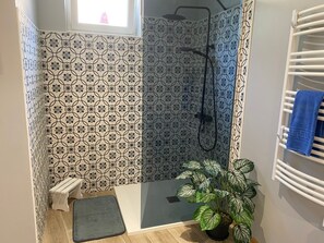 Shower, free toiletries, hair dryer, towels