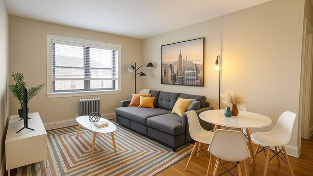 Un salon moderne avec un canapé gris, une table basse blanche et une table à manger ronde entourée de chaises. On y trouve une grande fenêtre avec des stores, un radiateur et un tableau représentant un paysage urbain accroché au mur.