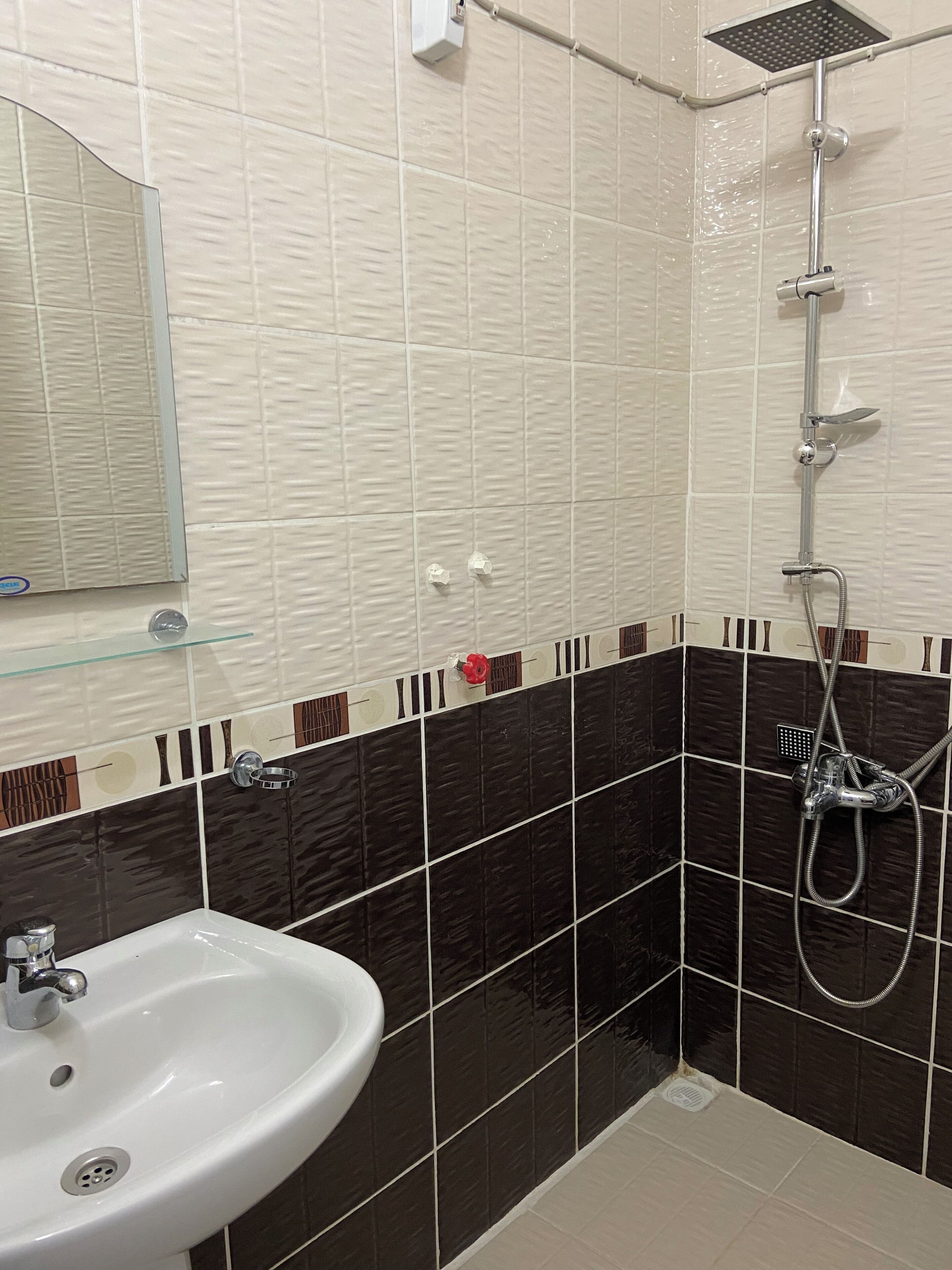 Un baño con un lavamanos blanco, un espejo y una ducha con cabezal de ducha manual.